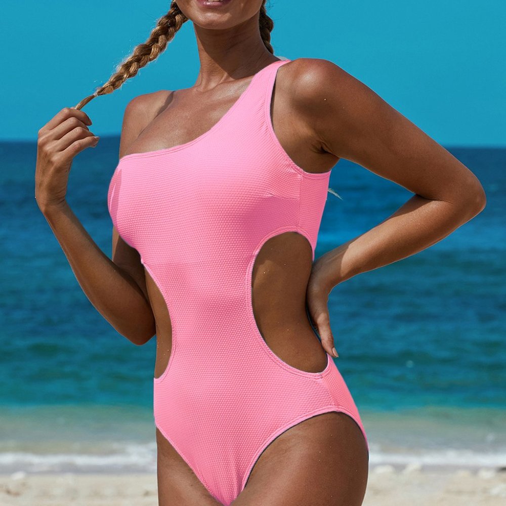 Pink One Shoulder Cut Out One Piece Swimsuit - Picture 5 of 8